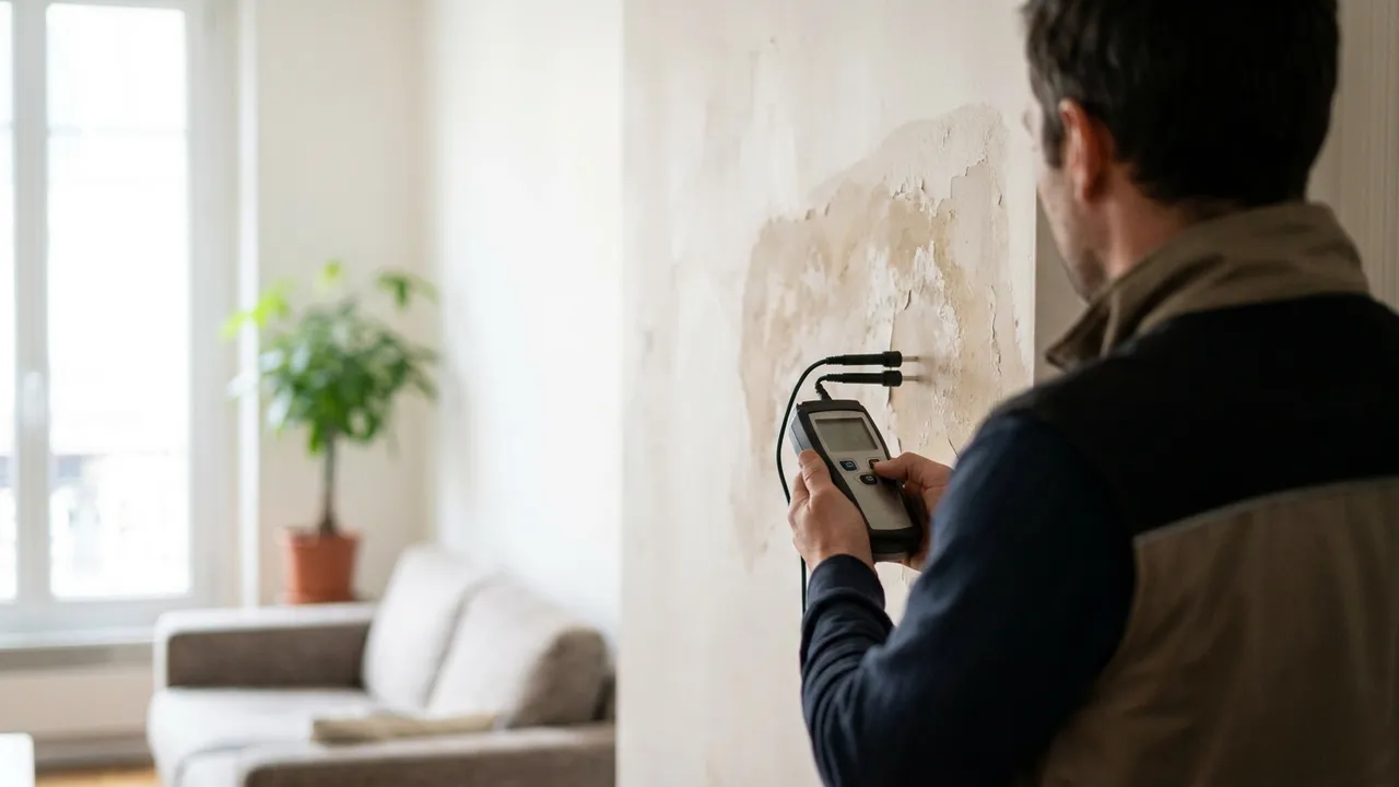Mur d'appartement ancien parisien présentant des traces d'humidité en cours de diagnostic