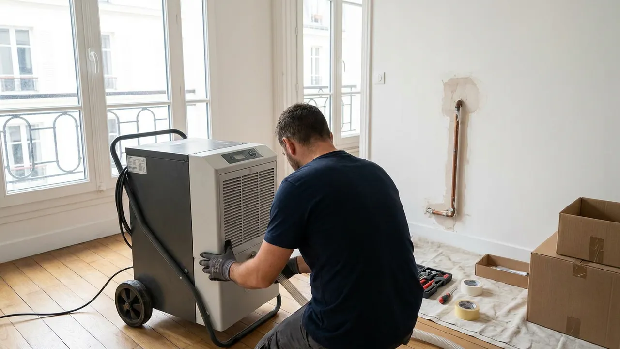 Déshumidificateur professionnel asséchant une pièce après un dégât des eaux à Paris